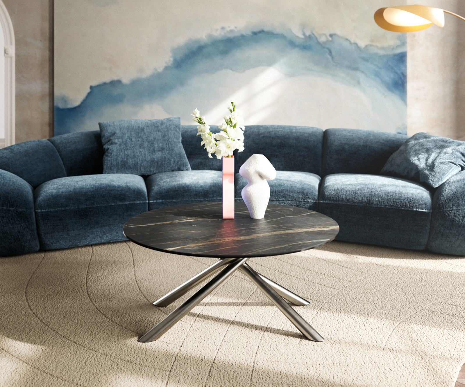 Konferenčný stolík Edge okrúhly 90x90 cm keramika Laminam® Noir Desir hnedá Sarity nerezová oceľ kefovaná - Image 2