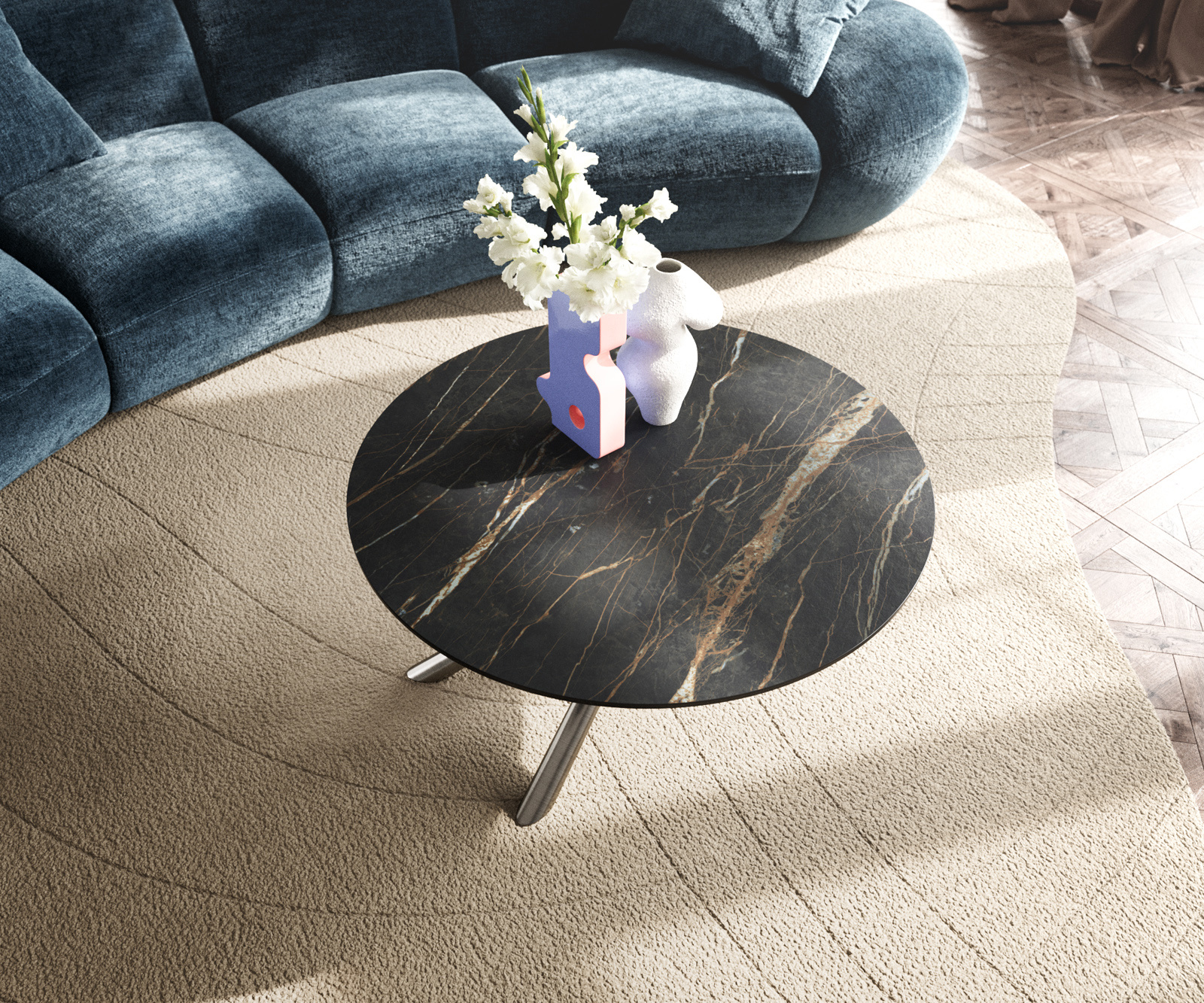 Konferenčný stolík Edge okrúhly 90x90 cm keramika Laminam® Noir Desir hnedá Sarity nerezová oceľ kefovaná - Image 4