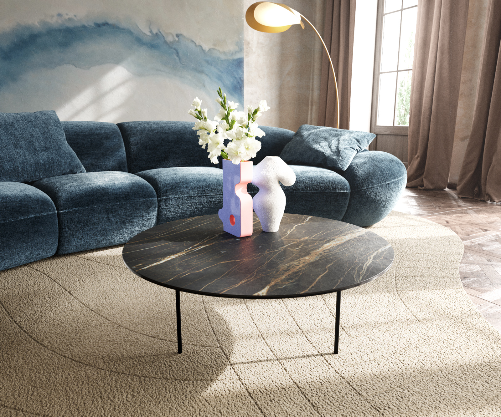 Konferenčný stolík Edge okrúhly 90x90 cm keramika Laminam® Noir Desir hnedá Trive kov čierna