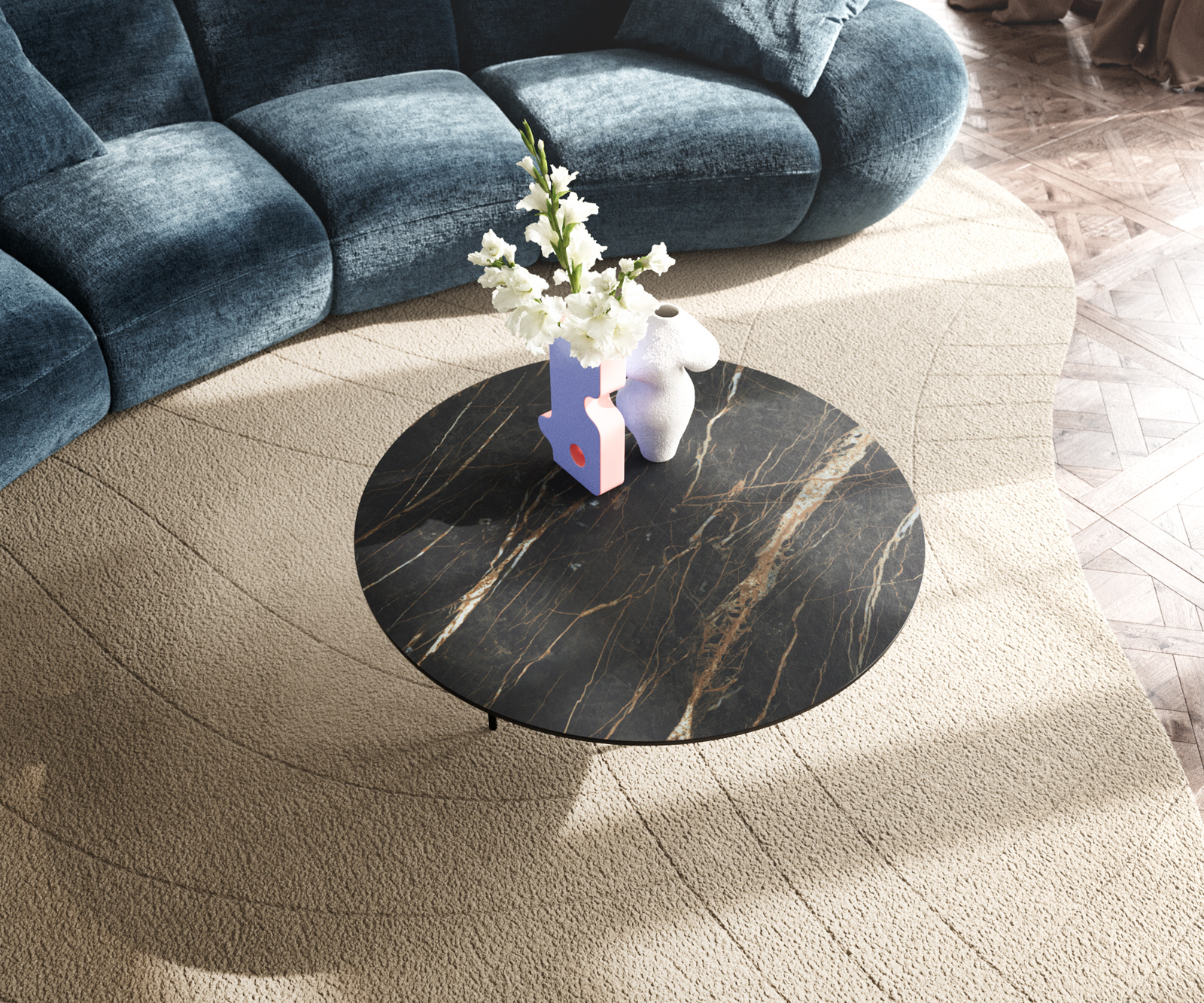 Konferenčný stolík Edge okrúhly 90x90 cm keramika Laminam® Noir Desir hnedá Trive kov čierna - Image 4