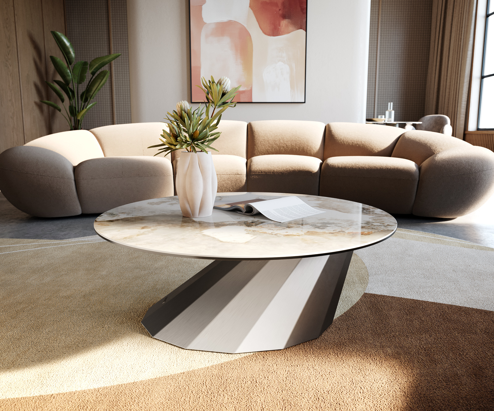 Konferenčný stolík Edge okrúhly 90x90 cm keramika Minas Melange Parabi nerezová oceľ kefovaná - Image 4