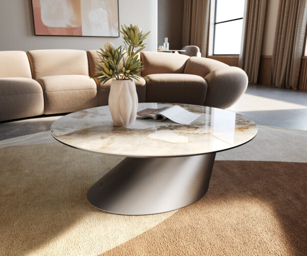 Konferenčný stolík Edge okrúhly 90x90 cm keramika Minas Melange Conis nerezová oceľ kefovaná