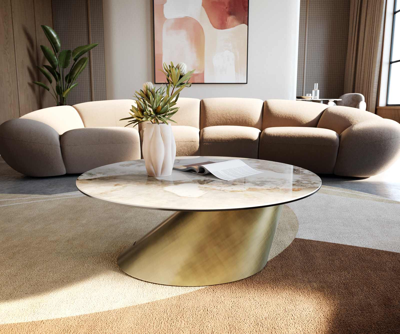 Konferenčný stolík Edge okrúhly 90x90 cm keramika Minas Melange Conis metalická zlatá - Image 2