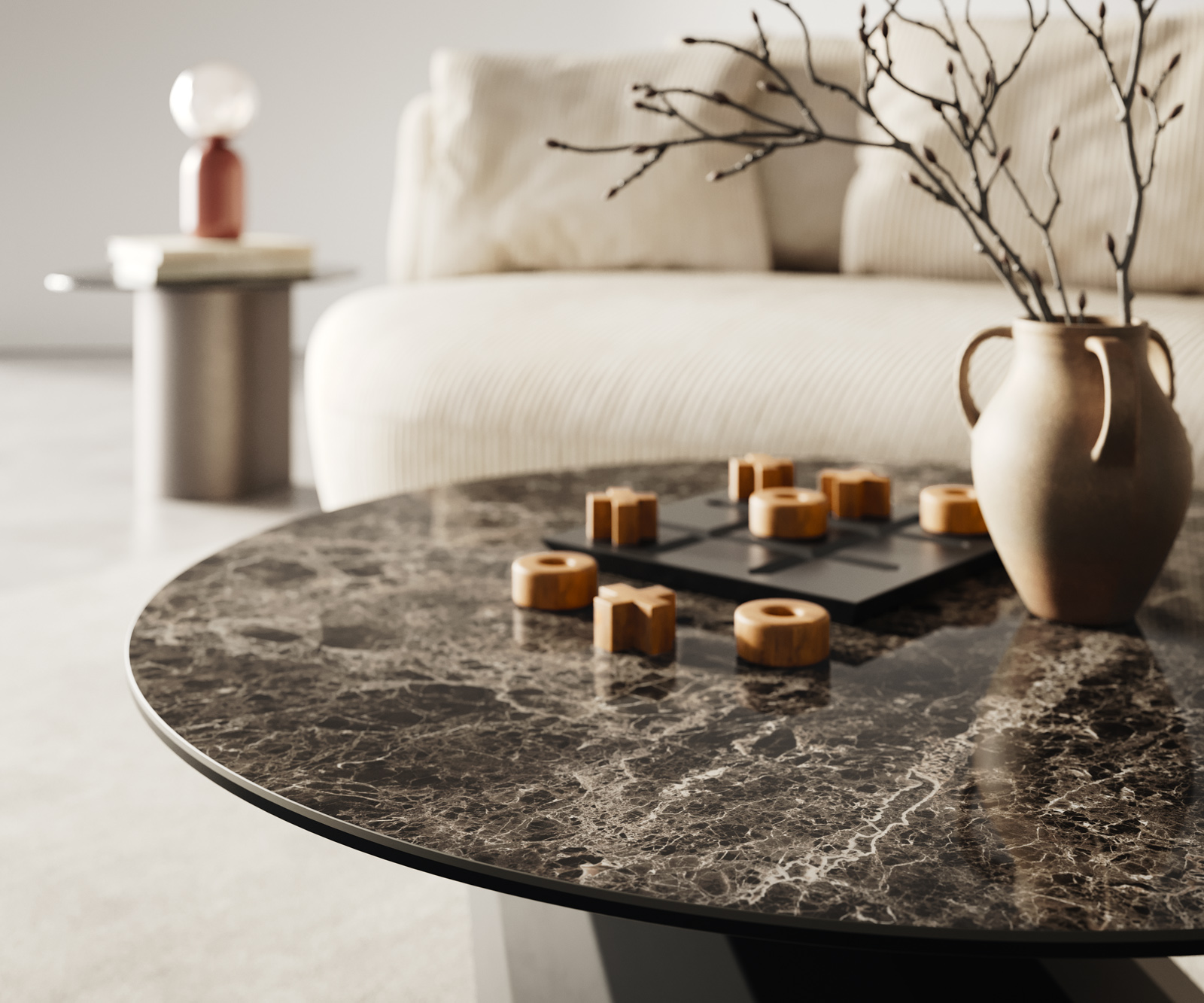 Konferenčný stolík Edge okrúhly 90x90 cm keramika Laminam® Emperador Extra Lucidato tmavohnedá Parabi kov čierna - Image 4