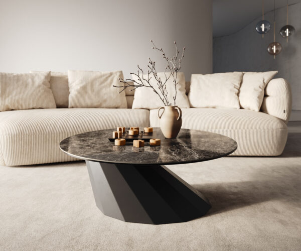 Konferenčný stolík Edge okrúhly 90x90 cm keramika Laminam® Emperador Extra Lucidato tmavohnedá Parabi kov čierna - Image 6