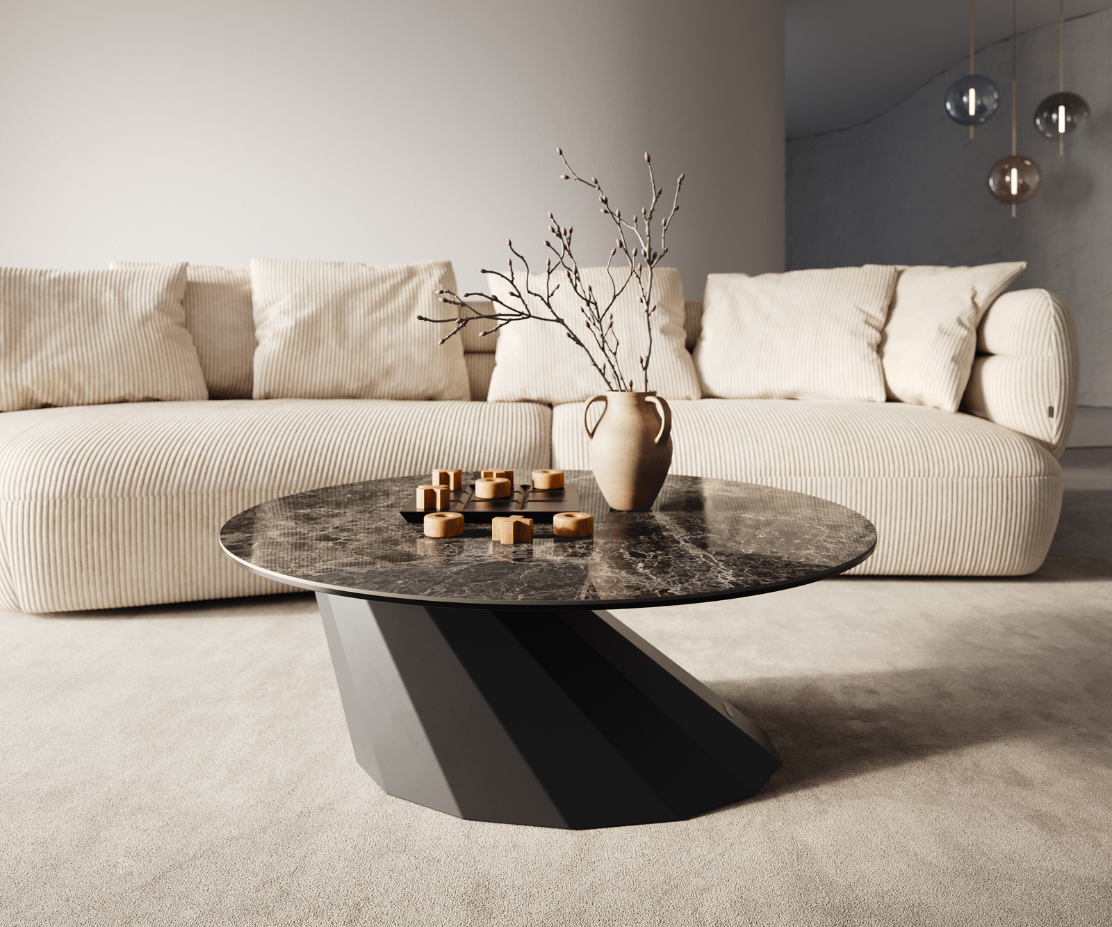 Konferenčný stolík Edge okrúhly 90x90 cm keramika Laminam® Emperador Extra Lucidato tmavohnedá Parabi kov čierna - Image 6