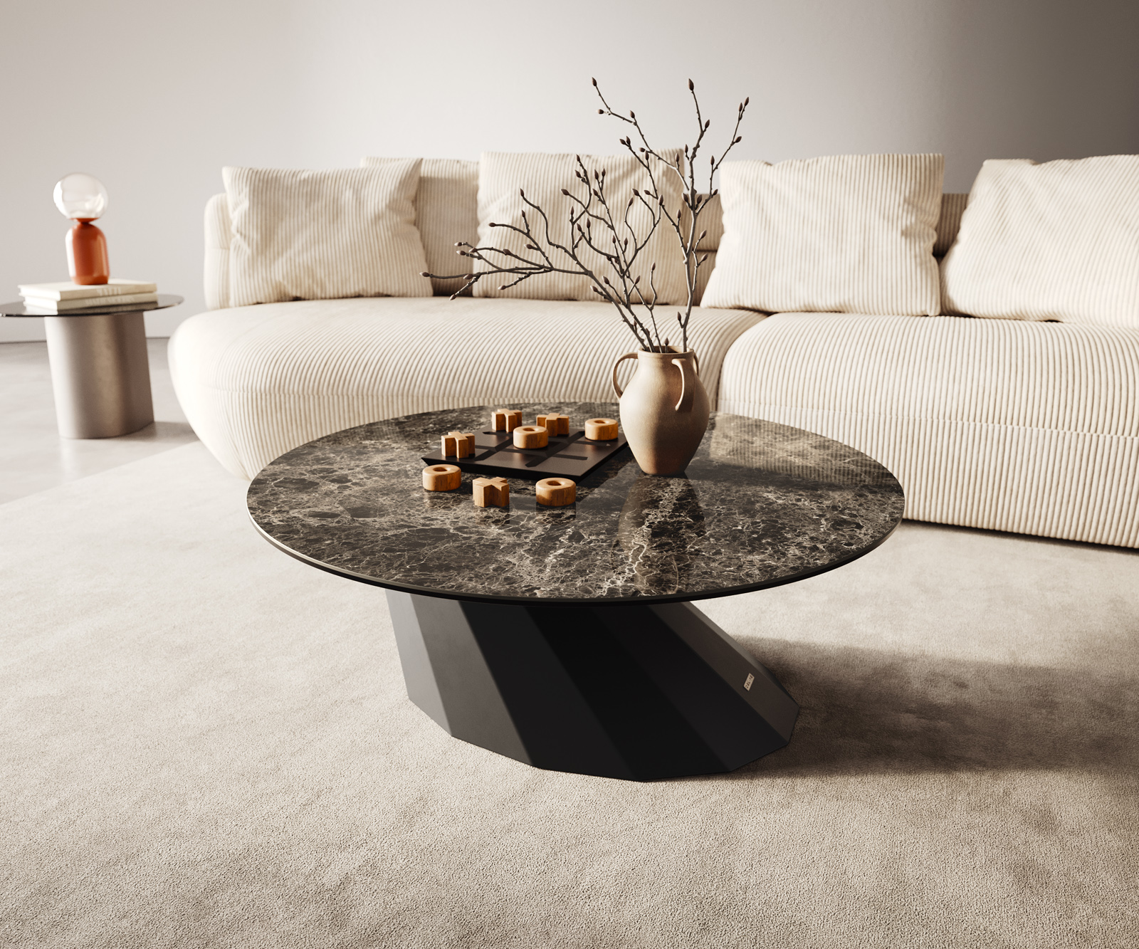 Konferenčný stolík Edge okrúhly 90x90 cm keramika Laminam® Emperador Extra Lucidato tmavohnedá Parabi kov čierna