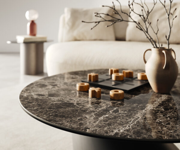 Konferenčný stolík Edge okrúhly 90x90 cm keramika Laminam® Emperador Extra Lucidato tmavohnedá konická kov čierna - Image 4