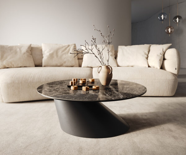 Konferenčný stolík Edge okrúhly 90x90 cm keramika Laminam® Emperador Extra Lucidato tmavohnedá konická kov čierna - Image 6