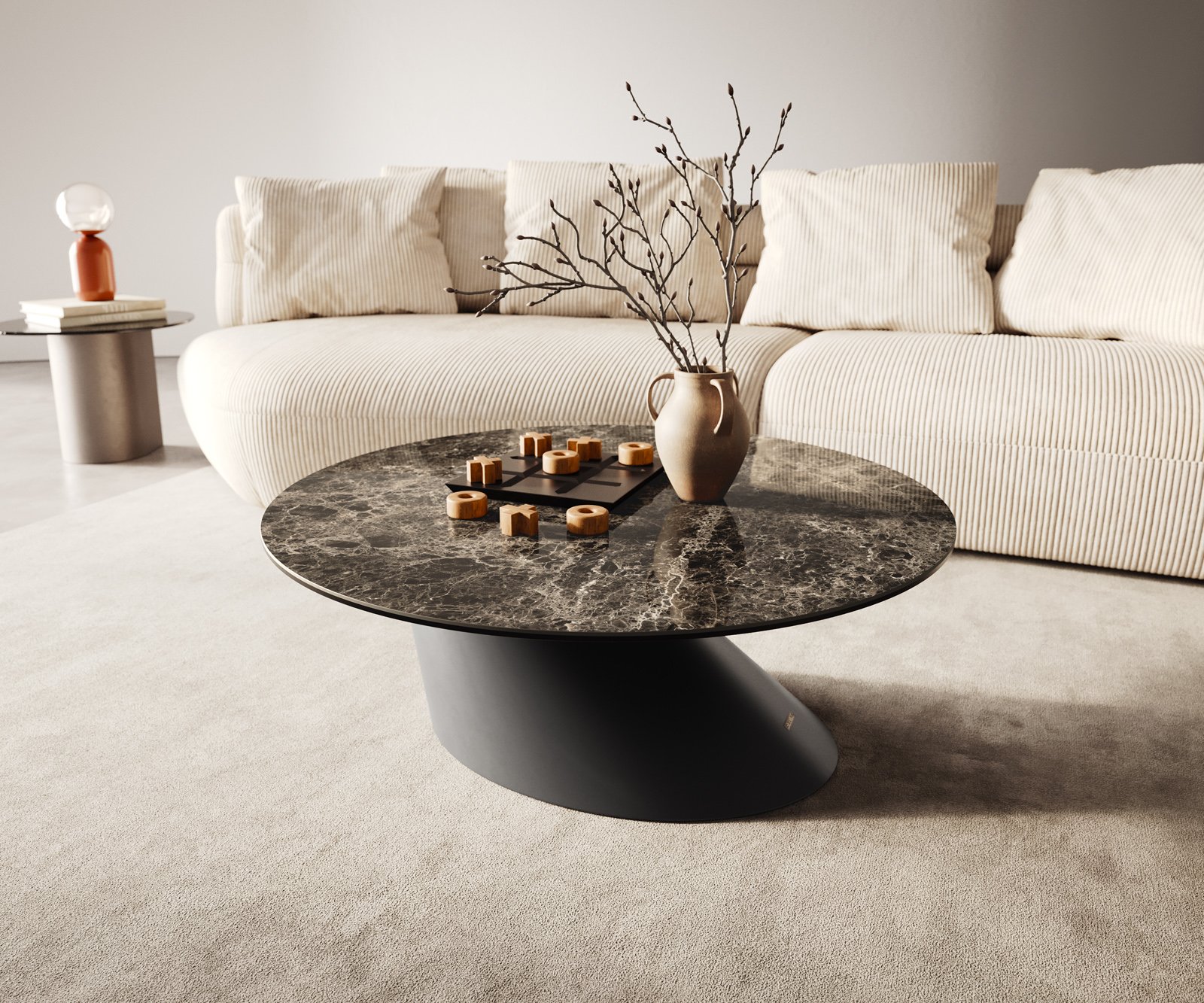 Konferenčný stolík Edge okrúhly 90x90 cm keramika Laminam® Emperador Extra Lucidato tmavohnedá konická kov čierna