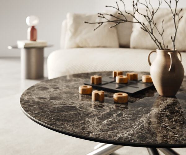 Konferenčný stolík Edge okrúhly 90x90 cm keramika Laminam® Emperador Extra Lucidato tmavohnedá Sarity nerezová oceľ kefovaná - Image 4