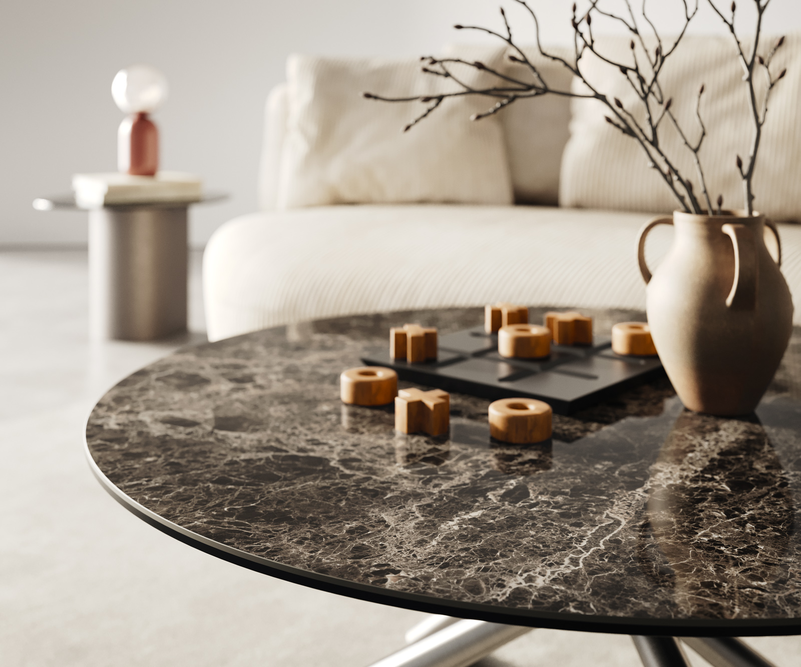 Konferenčný stolík Edge okrúhly 90x90 cm keramika Laminam® Emperador Extra Lucidato tmavohnedá Sarity nerezová oceľ kefovaná - Image 4