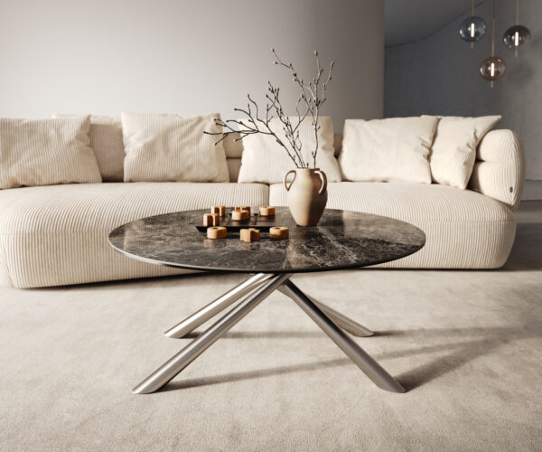 Konferenčný stolík Edge okrúhly 90x90 cm keramika Laminam® Emperador Extra Lucidato tmavohnedá Sarity nerezová oceľ kefovaná - Image 6