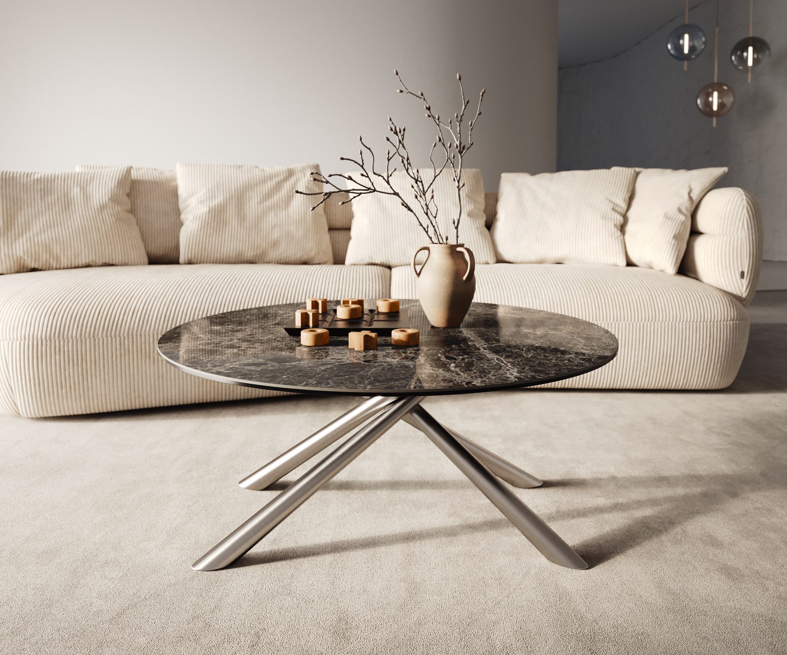 Konferenčný stolík Edge okrúhly 90x90 cm keramika Laminam® Emperador Extra Lucidato tmavohnedá Sarity nerezová oceľ kefovaná - Image 6
