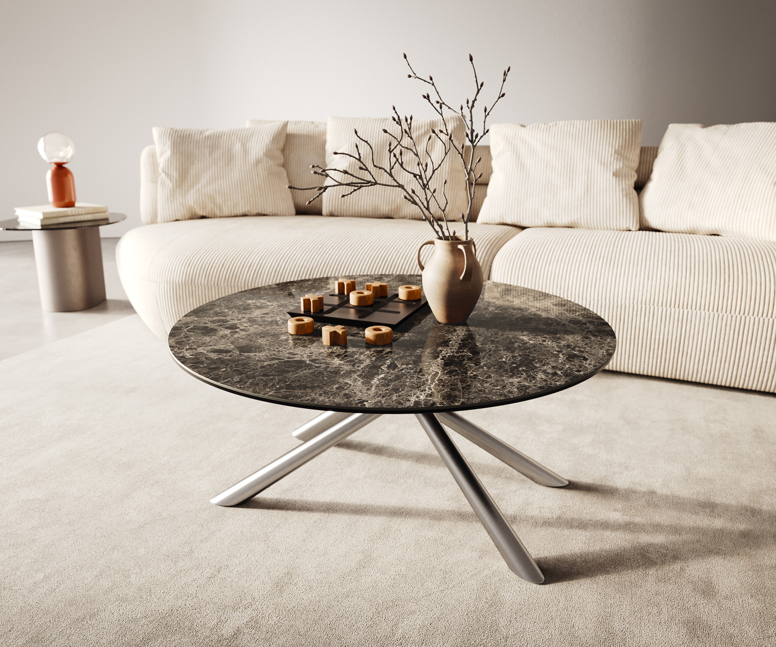 Konferenčný stolík Edge okrúhly 90x90 cm keramika Laminam® Emperador Extra Lucidato tmavohnedá Sarity nerezová oceľ kefovaná