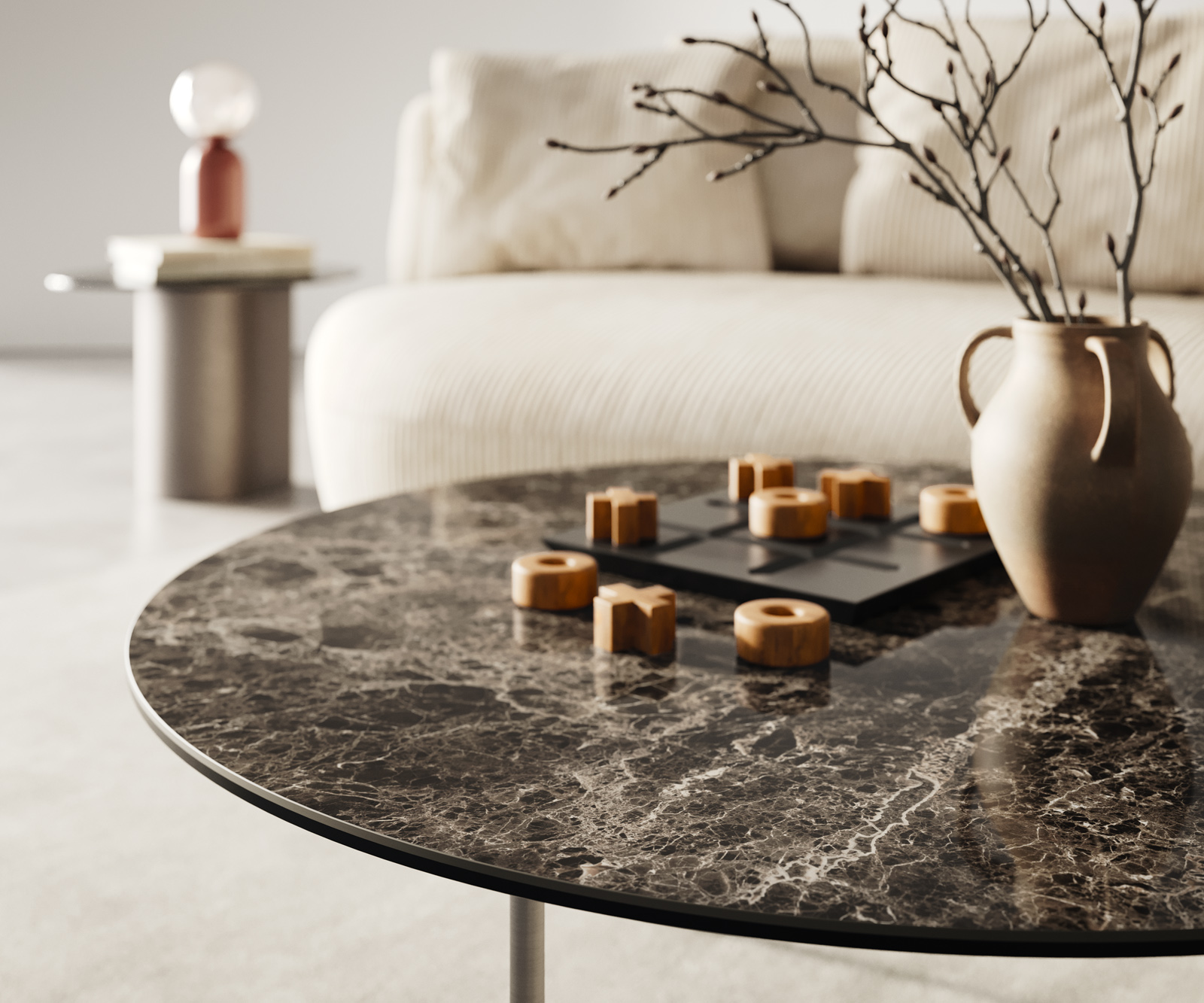 Konferenčný stolík Edge okrúhly 90x90 cm keramika Laminam® Emperador Extra Lucidato tmavohnedá Trive nerezová oceľ kefovaná - Image 6