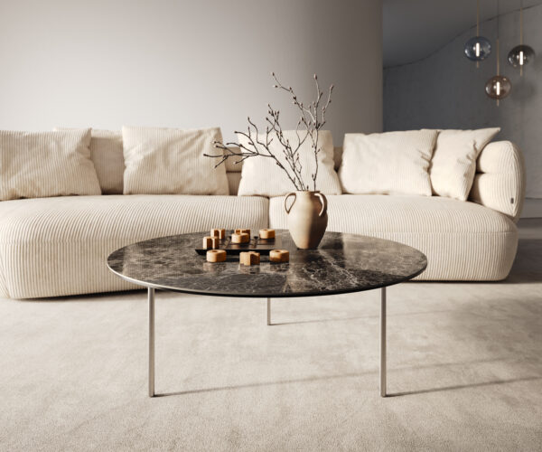 Konferenčný stolík Edge okrúhly 90x90 cm keramika Laminam® Emperador Extra Lucidato tmavohnedá Trive nerezová oceľ kefovaná - Image 2