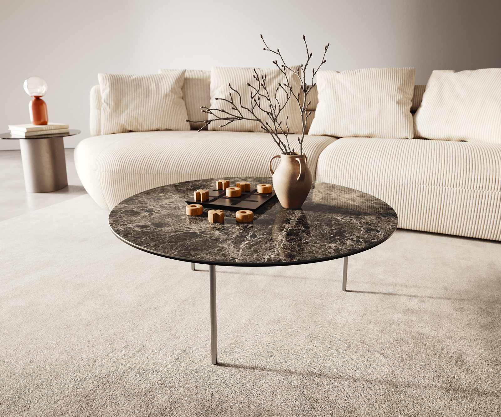 Konferenčný stolík Edge okrúhly 90x90 cm keramika Laminam® Emperador Extra Lucidato tmavohnedá Trive nerezová oceľ kefovaná
