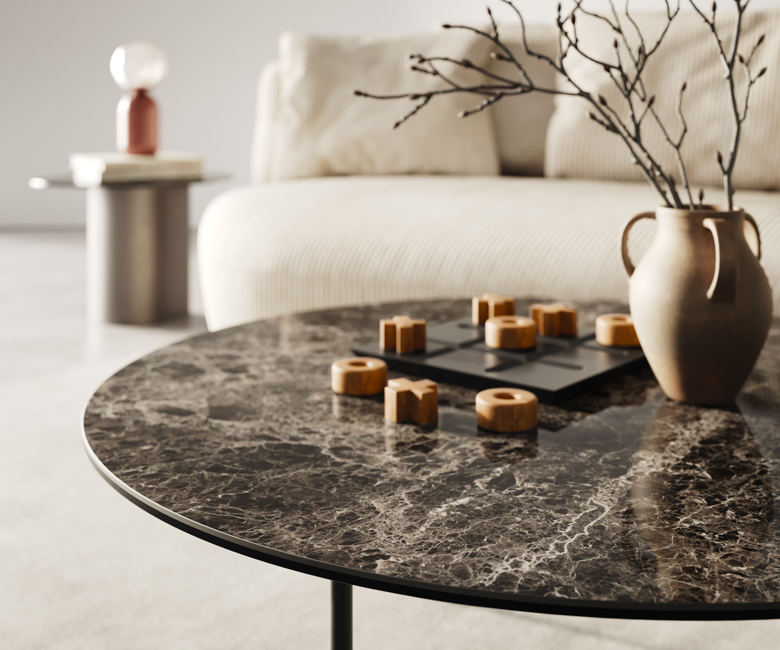 Konferenčný stolík Edge okrúhly 90x90 cm keramika Laminam® Emperador Extra Lucidato tmavohnedá Trive kov čierna - Image 6