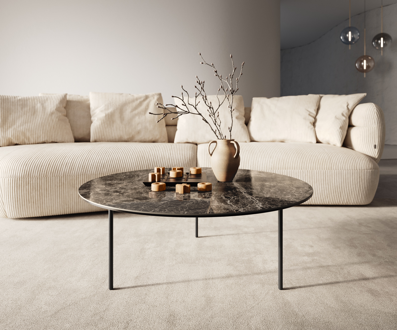 Konferenčný stolík Edge okrúhly 90x90 cm keramika Laminam® Emperador Extra Lucidato tmavohnedá Trive kov čierna - Image 4