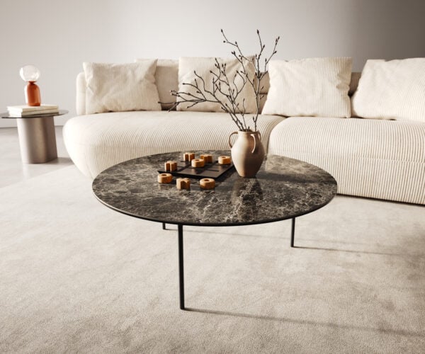 Konferenčný stolík Edge okrúhly 90x90 cm keramika Laminam® Emperador Extra Lucidato tmavohnedá Trive kov čierna