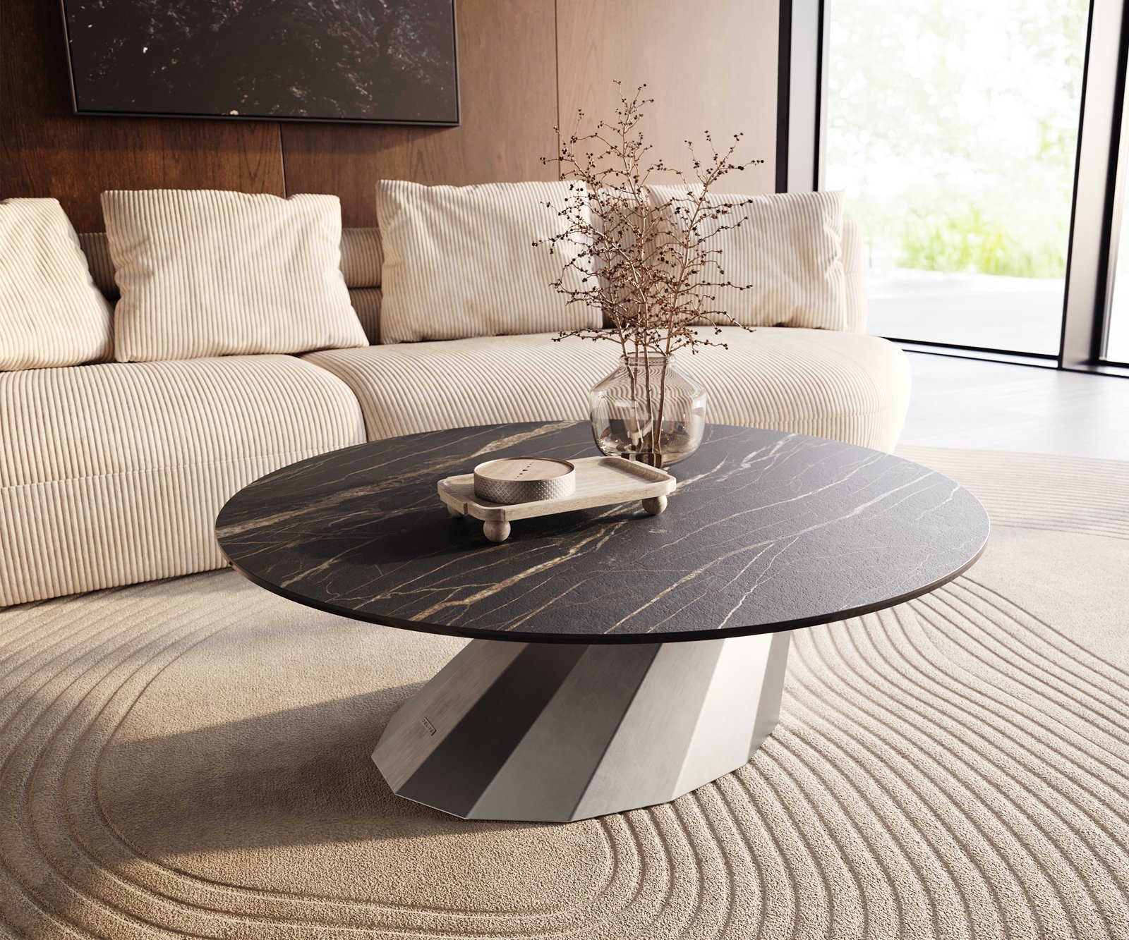 Konferenčný stolík Edge okrúhly 100x100 cm keramika Laminam® Noir Desir hnedá Parabi nerezová oceľ kefovaná
