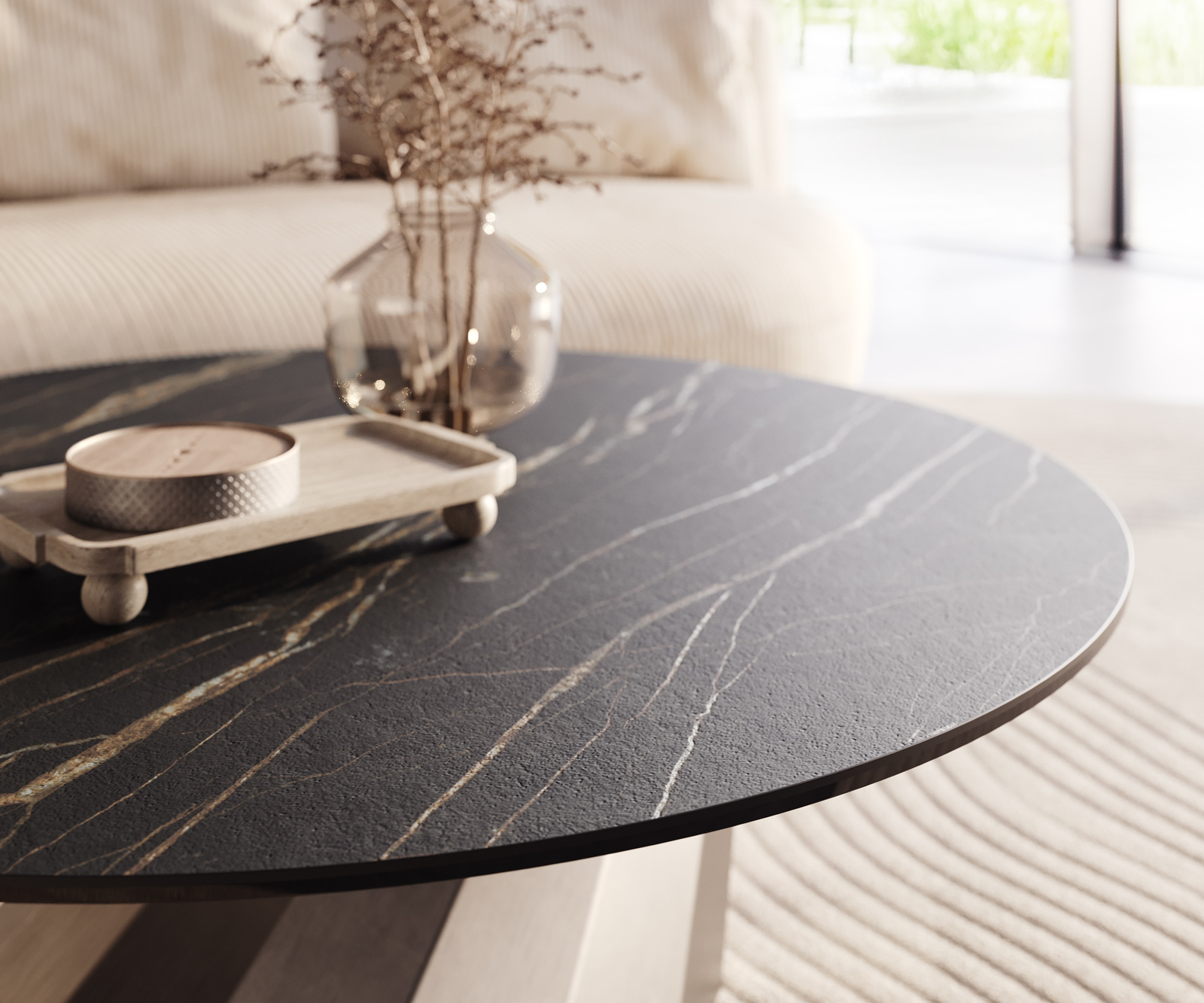 Konferenčný stolík Edge okrúhly 100x100 cm keramika Laminam® Noir Desir hnedá Parabi nerezová oceľ kefovaná - Image 4