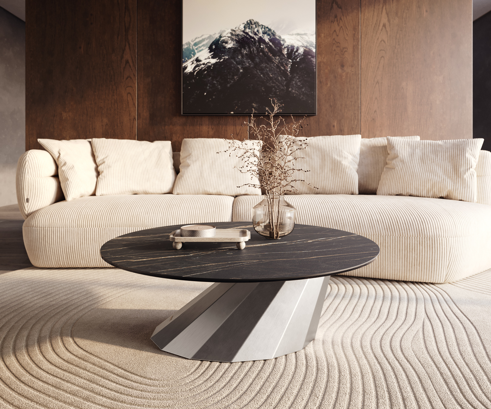 Konferenčný stolík Edge okrúhly 100x100 cm keramika Laminam® Noir Desir hnedá Parabi nerezová oceľ kefovaná - Image 6