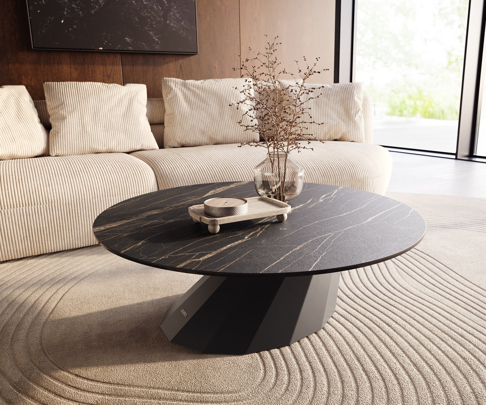Konferenčný stolík Edge okrúhly 100x100 cm keramika Laminam® Noir Desir hnedá Parabi kov čierna