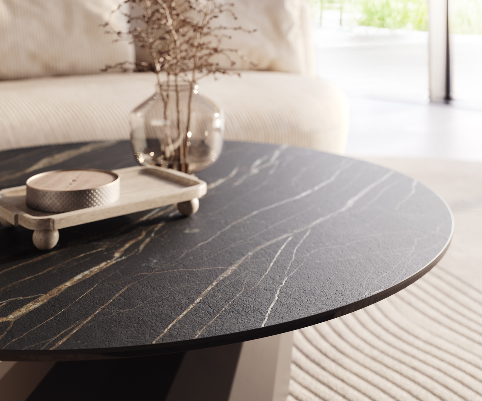 Konferenčný stolík Edge okrúhly 100x100 cm keramika Laminam® Noir Desir hnedá Parabi kov čierna - Image 4