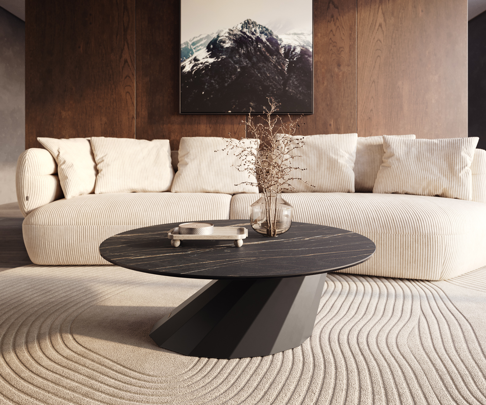 Konferenčný stolík Edge okrúhly 100x100 cm keramika Laminam® Noir Desir hnedá Parabi kov čierna - Image 6