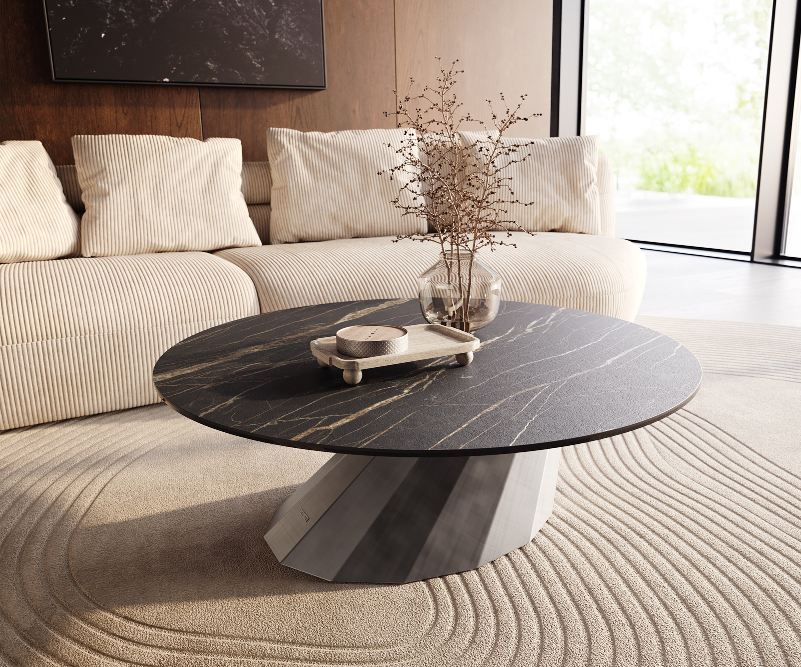 Konferenčný stolík Edge okrúhly 100x100 cm keramika Laminam® Noir Desir hnedá Parabi metalická strieborná