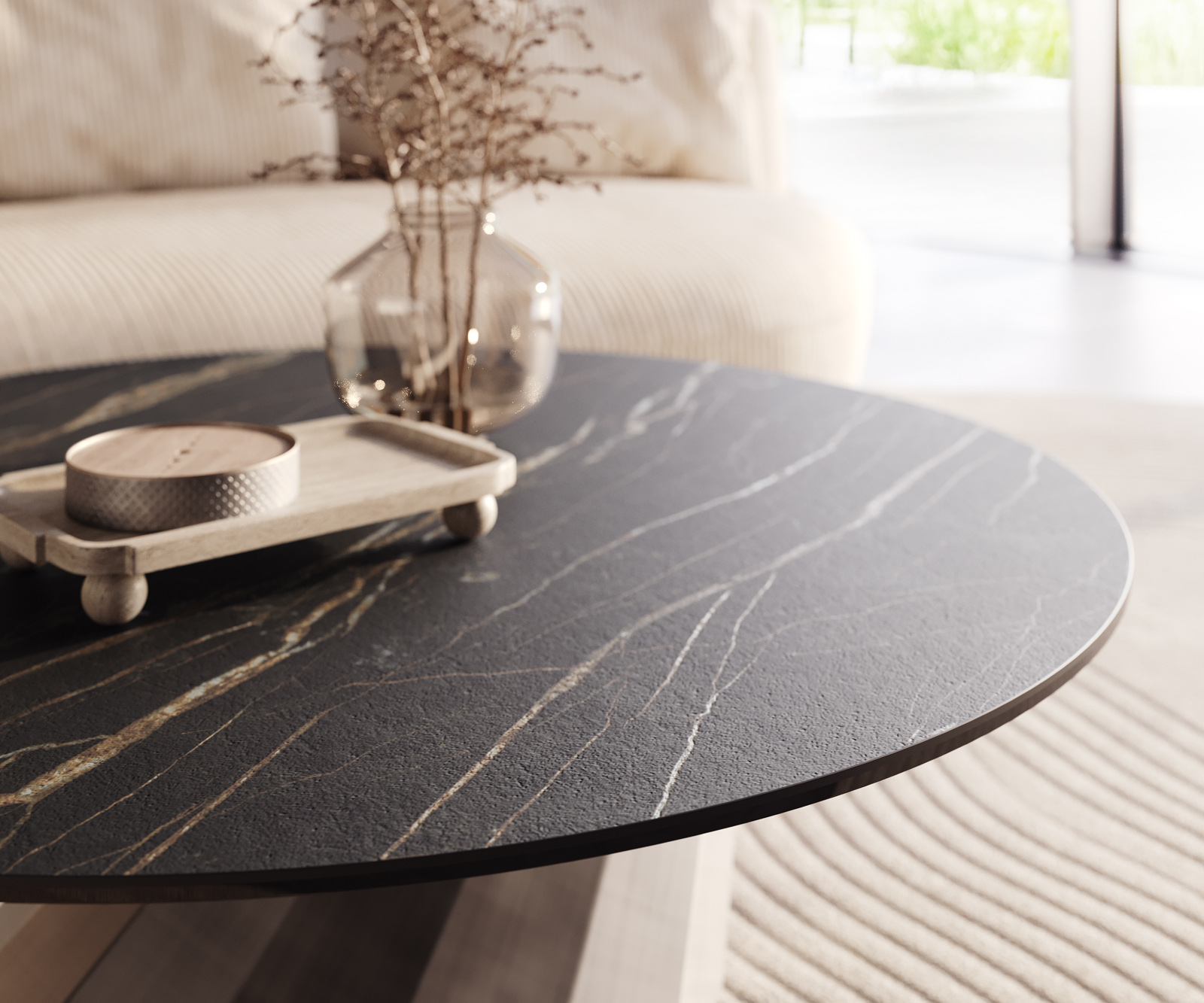 Konferenčný stolík Edge okrúhly 100x100 cm keramika Laminam® Noir Desir hnedá Parabi metalická strieborná - Image 4
