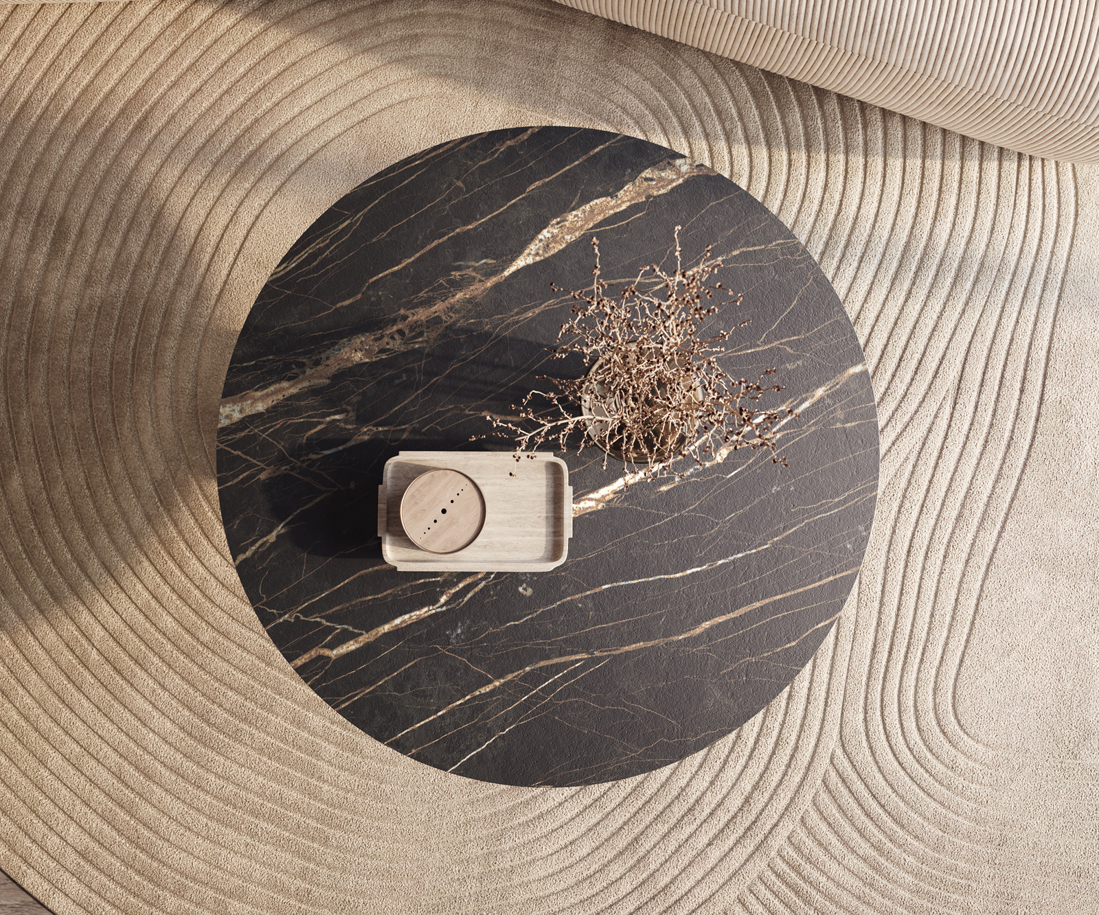 Konferenčný stolík Edge okrúhly 100x100 cm keramika Laminam® Noir Desir hnedá Parabi metalická strieborná - Image 2
