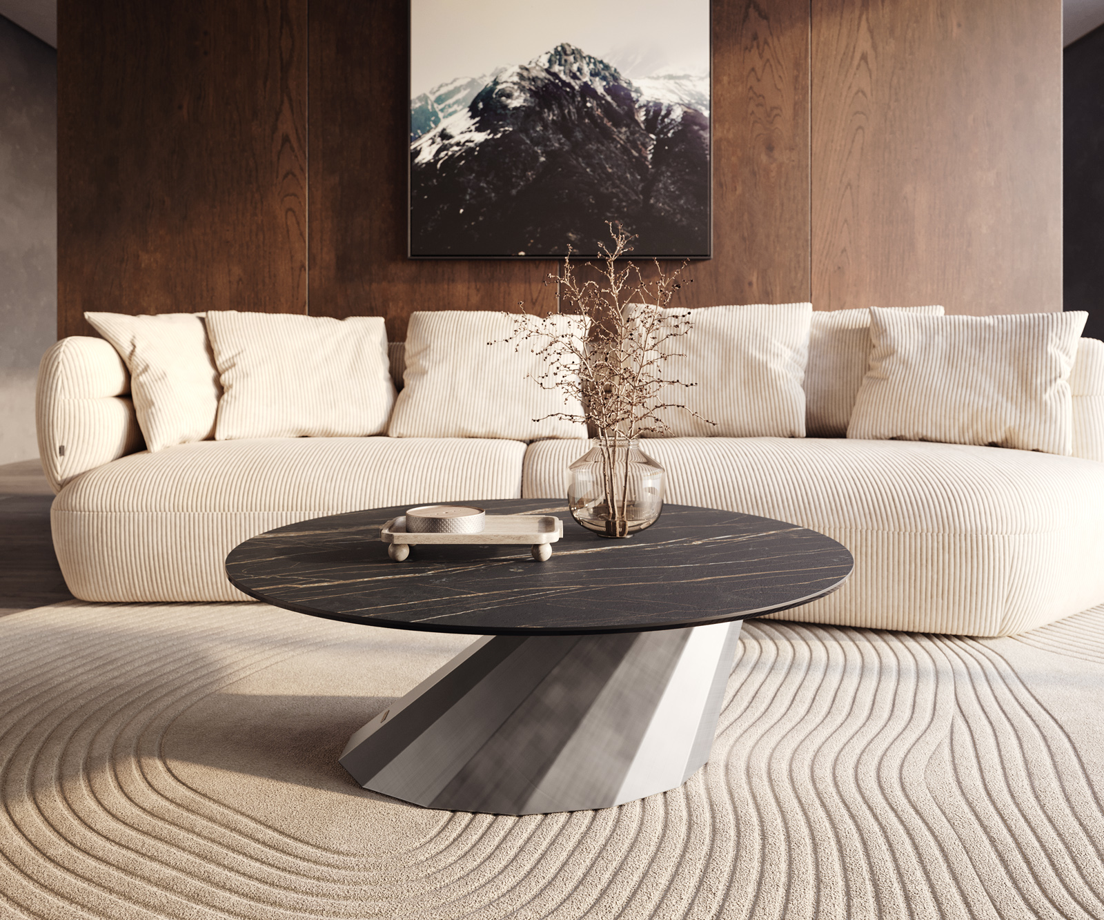 Konferenčný stolík Edge okrúhly 100x100 cm keramika Laminam® Noir Desir hnedá Parabi metalická strieborná - Image 6