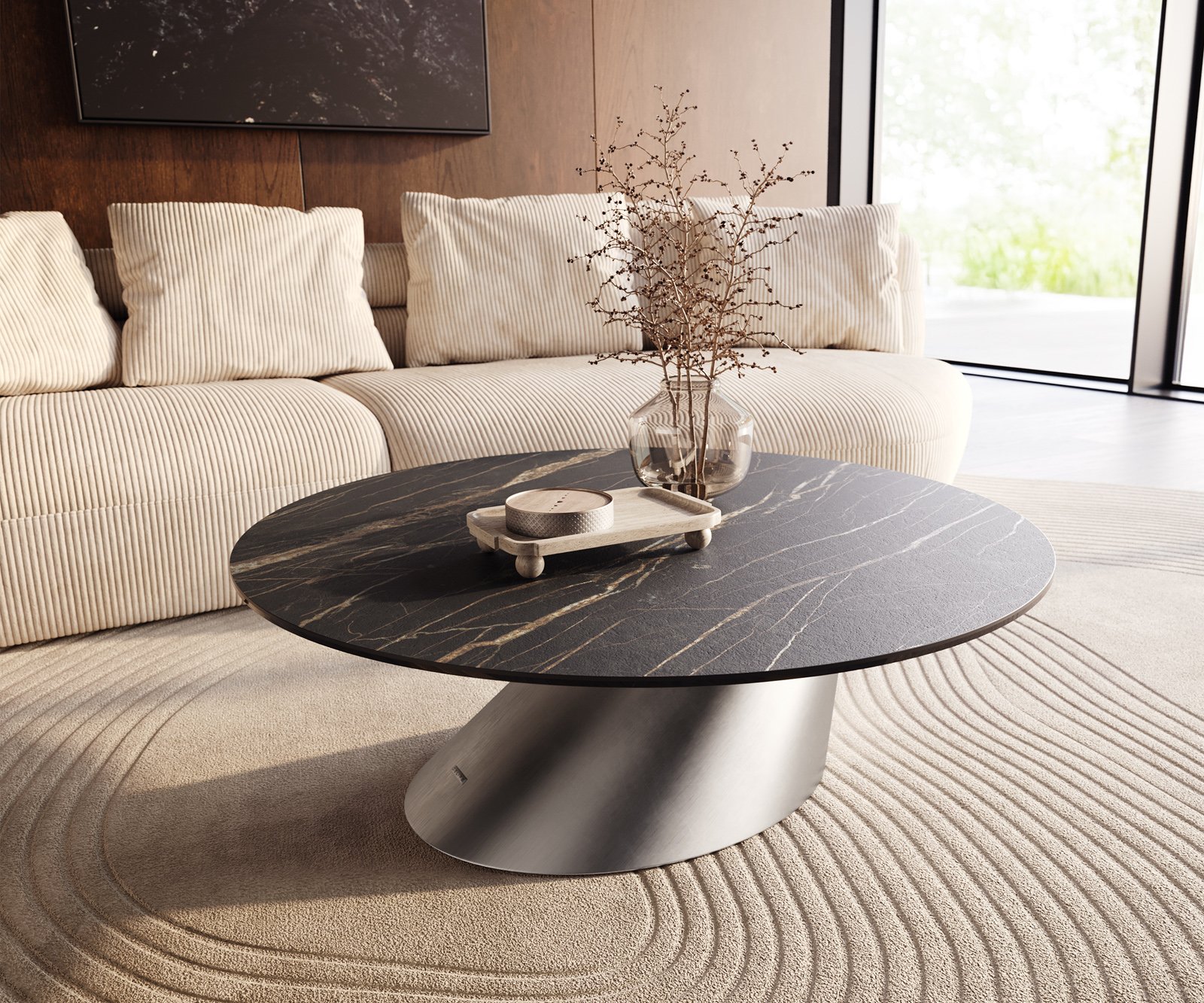 Konferenčný stolík Edge okrúhly 100x100 cm keramika Laminam® Noir Desir hnedá konis nerezová oceľ kefovaná