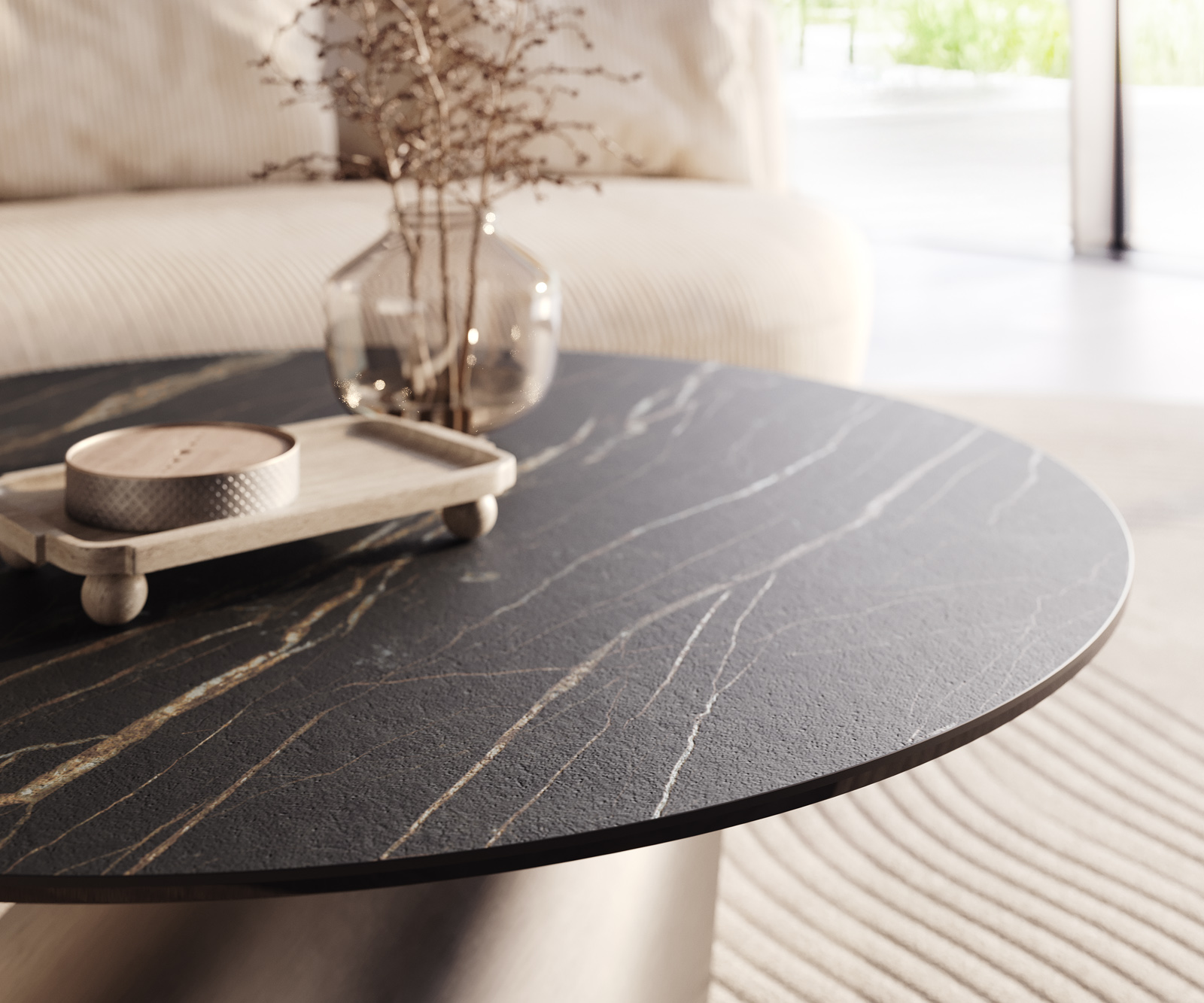 Konferenčný stolík Edge okrúhly 100x100 cm keramika Laminam® Noir Desir hnedá konis nerezová oceľ kefovaná - Image 4