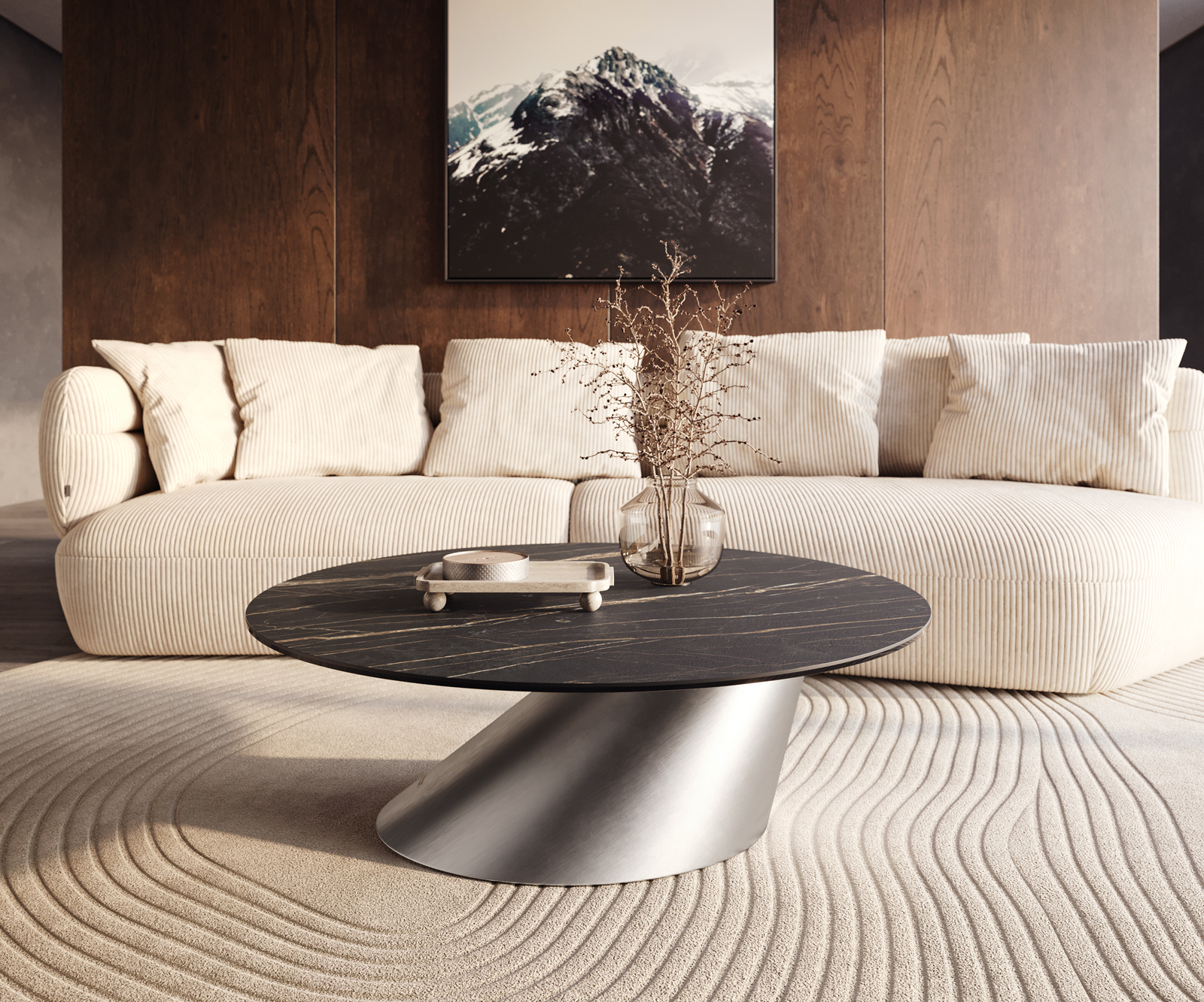Konferenčný stolík Edge okrúhly 100x100 cm keramika Laminam® Noir Desir hnedá konis nerezová oceľ kefovaná - Image 6