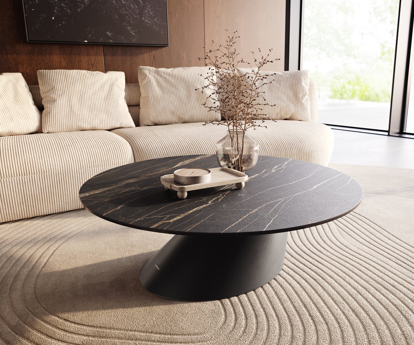 Konferenčný stolík Edge okrúhly 100x100 cm keramika Laminam® Noir Desir hnedá Conis kov čierna