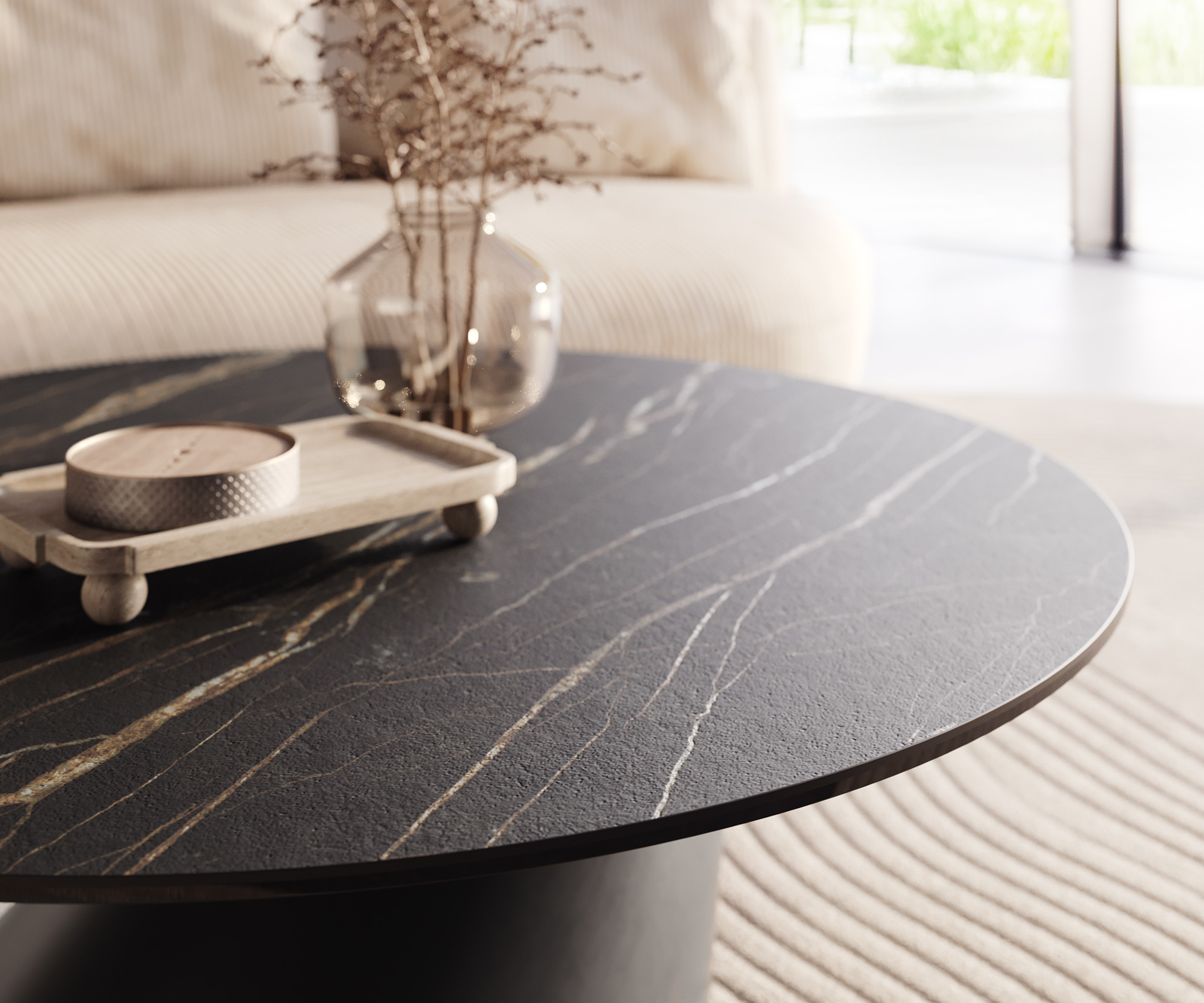 Konferenčný stolík Edge okrúhly 100x100 cm keramika Laminam® Noir Desir hnedá Conis kov čierna - Image 4