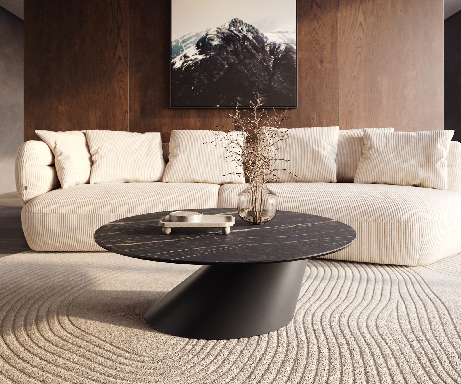 Konferenčný stolík Edge okrúhly 100x100 cm keramika Laminam® Noir Desir hnedá Conis kov čierna - Image 6