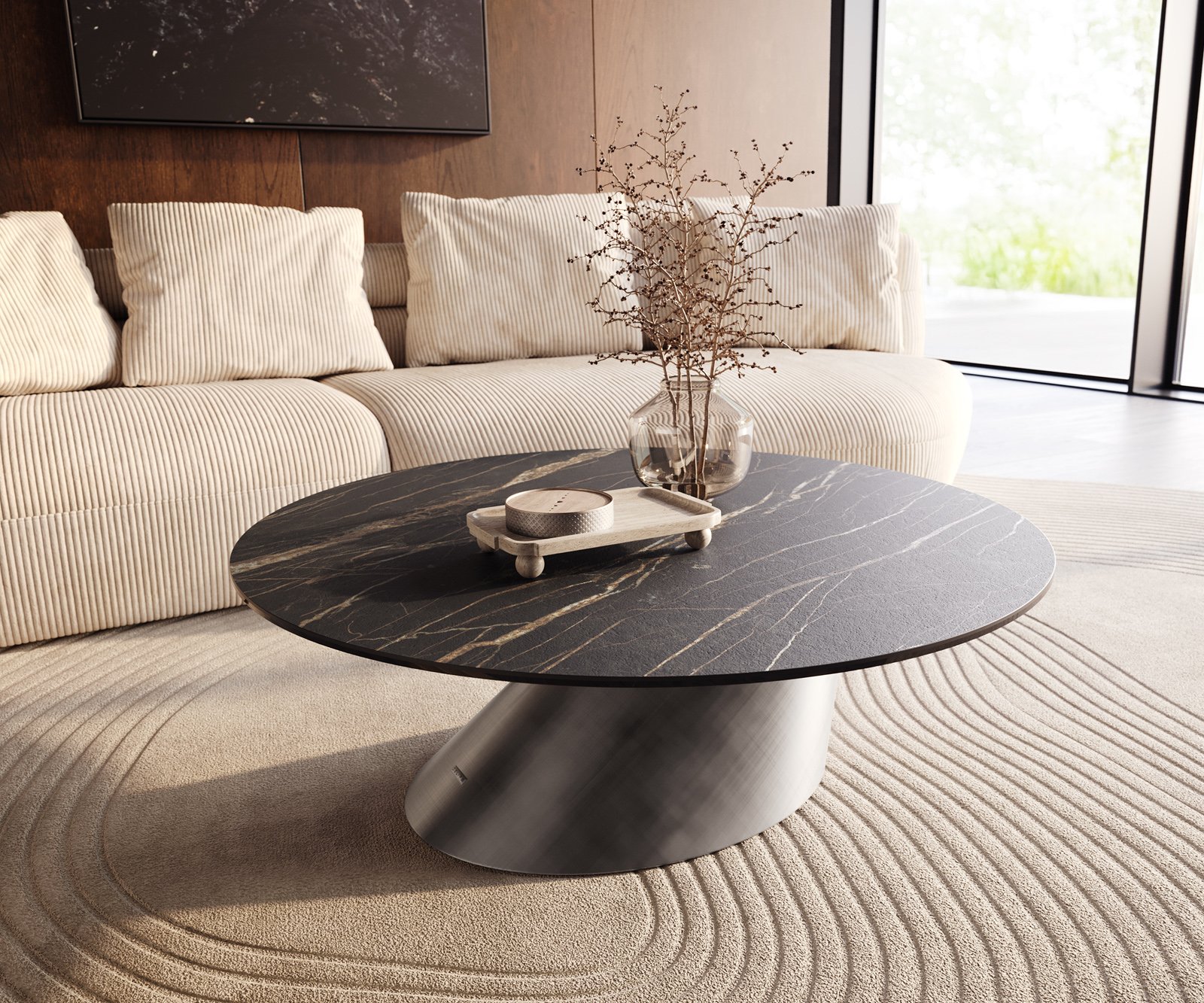 Konferenčný stolík Edge okrúhly 100x100 cm keramika Laminam® Noir Desir hnedá Conis metalická strieborná