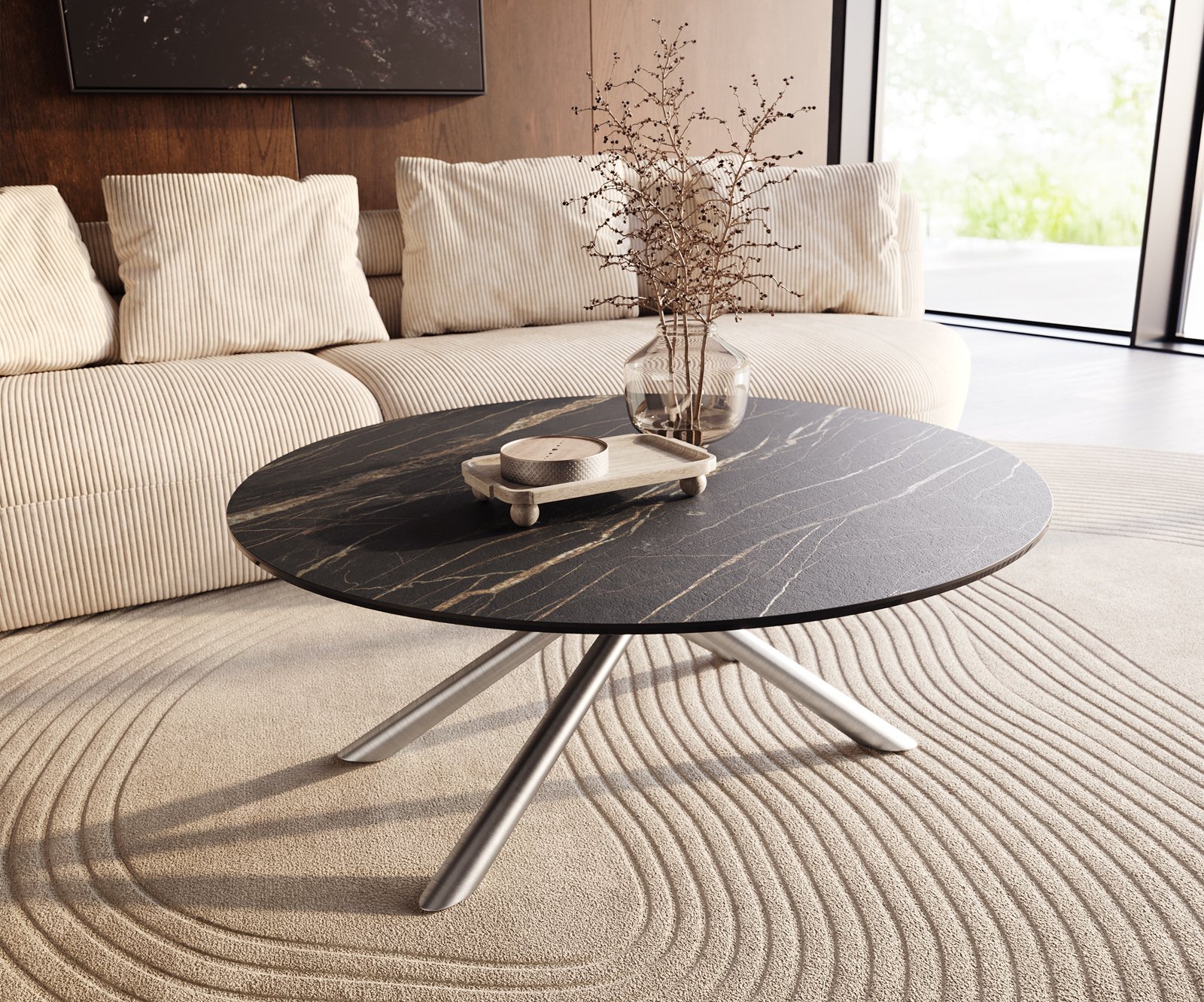 Konferenčný stolík Edge okrúhly 100x100 cm keramika Laminam® Noir Desir hnedá nerezová oceľ kefovaná