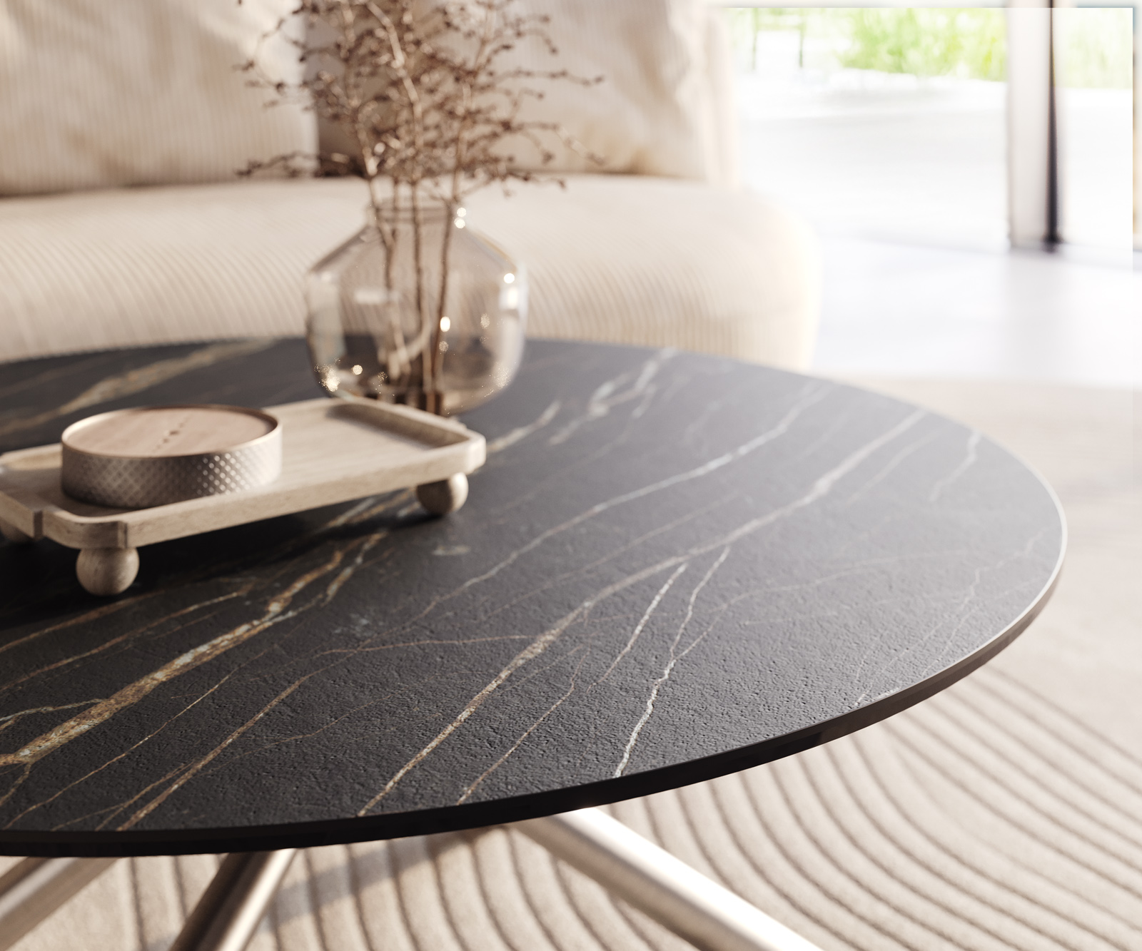 Konferenčný stolík Edge okrúhly 100x100 cm keramika Laminam® Noir Desir hnedá nerezová oceľ kefovaná - Image 4
