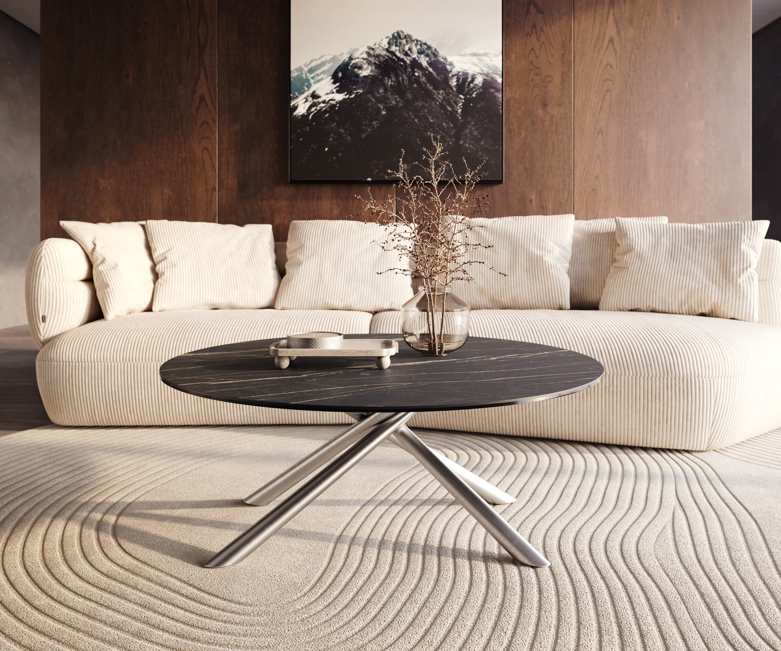 Konferenčný stolík Edge okrúhly 100x100 cm keramika Laminam® Noir Desir hnedá nerezová oceľ kefovaná - Image 6