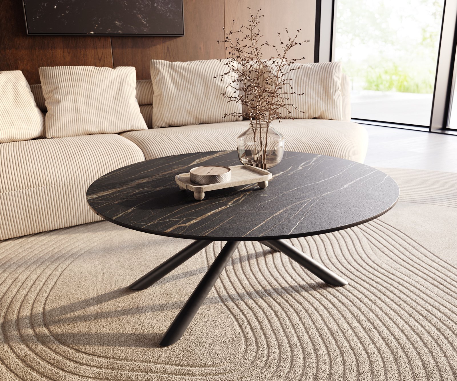 Konferenčný stolík Edge okrúhly 100x100 cm keramika Laminam® Noir Desir hnedá Sarity kov čierna