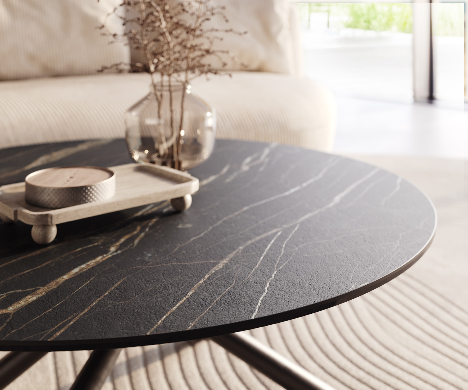 Konferenčný stolík Edge okrúhly 100x100 cm keramika Laminam® Noir Desir hnedá Sarity kov čierna - Image 4