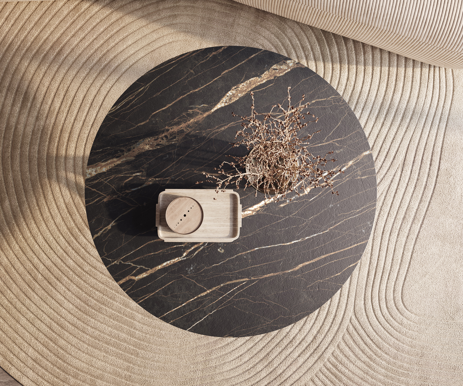 Konferenčný stolík Edge okrúhly 100x100 cm keramika Laminam® Noir Desir hnedá Sarity kov čierna - Image 2