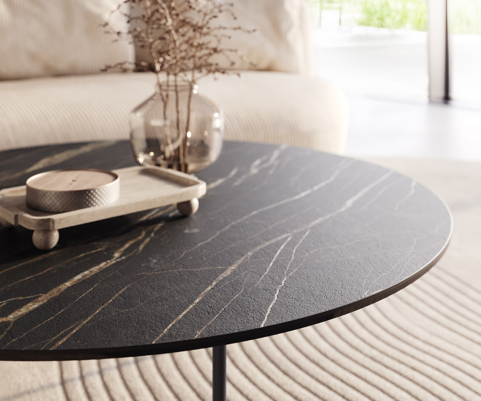 Konferenčný stolík Edge okrúhly 100x100 cm keramika Laminam® Noir Desir hnedá Trive kov čierna - Image 4