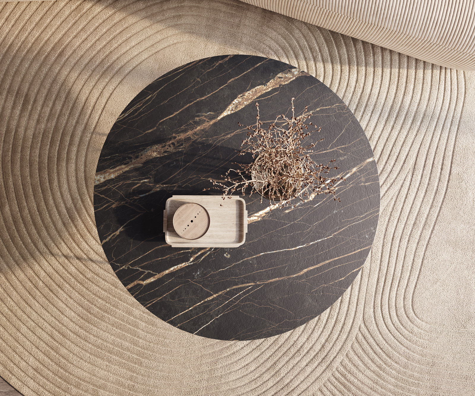 Konferenčný stolík Edge okrúhly 100x100 cm keramika Laminam® Noir Desir hnedá Trive kov čierna - Image 2